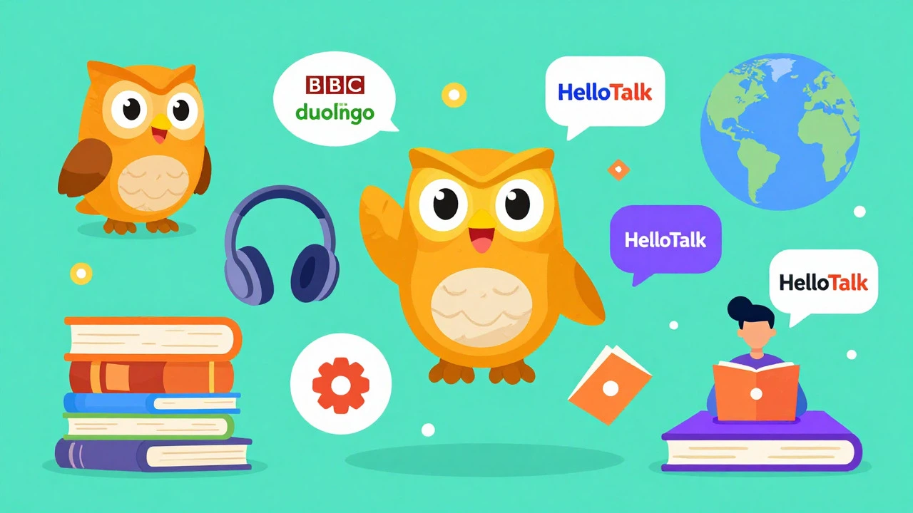 Digital collage of free English learning apps and resources