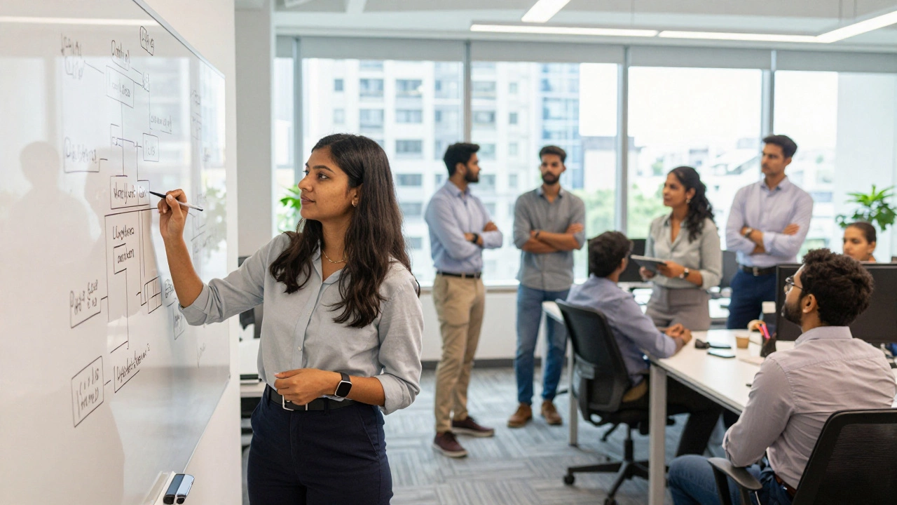 Diverse team collaborating in a bright Indian office, discussing tech concepts on a whiteboard.