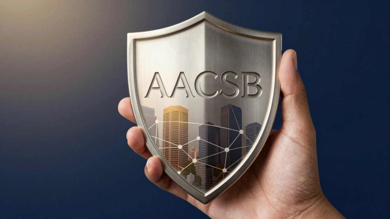 Hand holding a prestigious AACSB accreditation shield reflecting a successful business future.