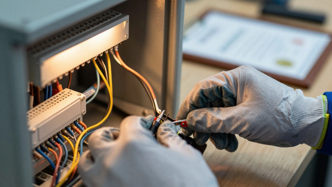 Hands performing precise electrical wiring work with a certification nearby