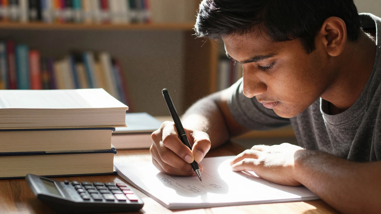 Indian student studying intently with textbooks and notes in a sunlit library