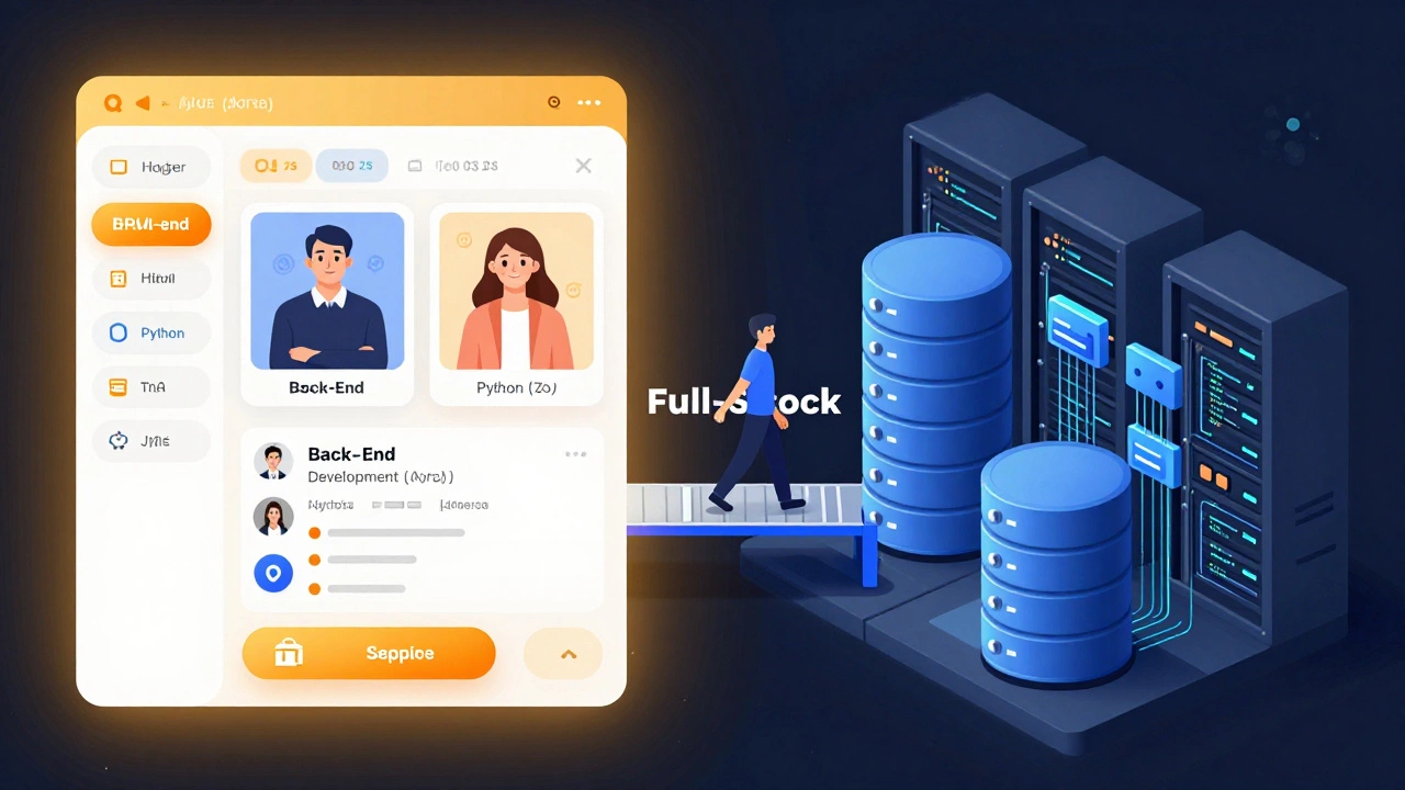 Split view illustrating frontend visual design versus backend server infrastructure with a full-stack bridge.