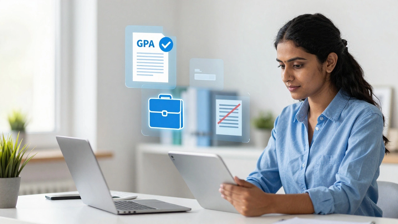Woman reviewing test-optional MBA application materials with floating icons of GPA and experience.