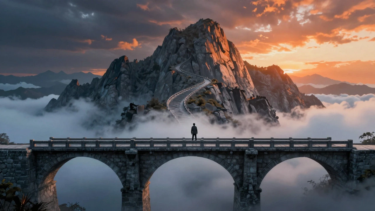 Conceptual art of a stone bridge leading to a steep mountain peak