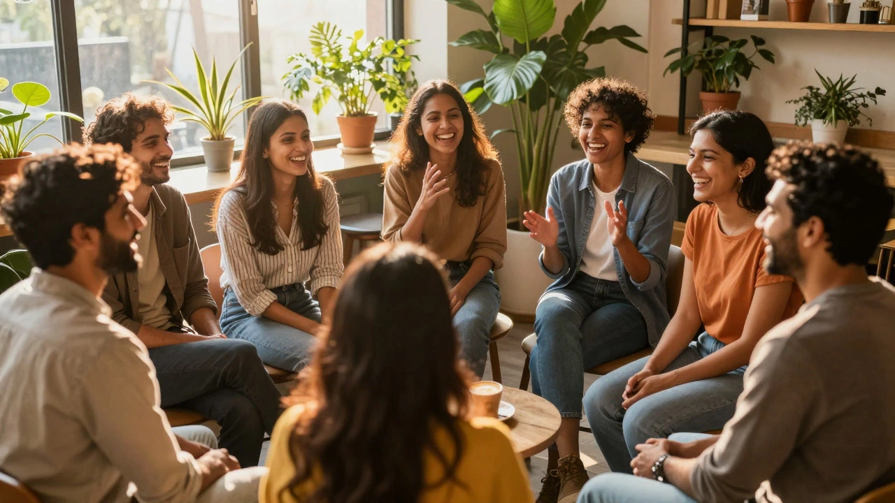 Diverse group laughing and practicing English conversation together