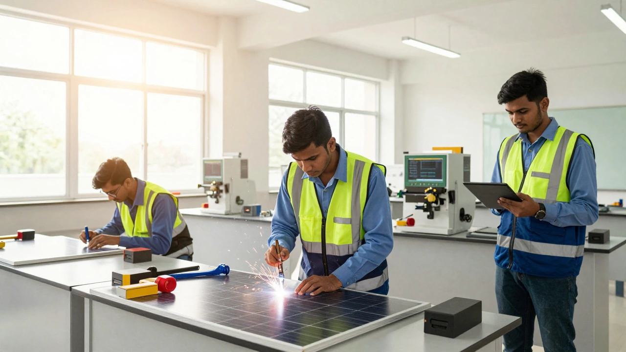Indian apprentices practicing welding, solar installation, and tech skills in a modern training center