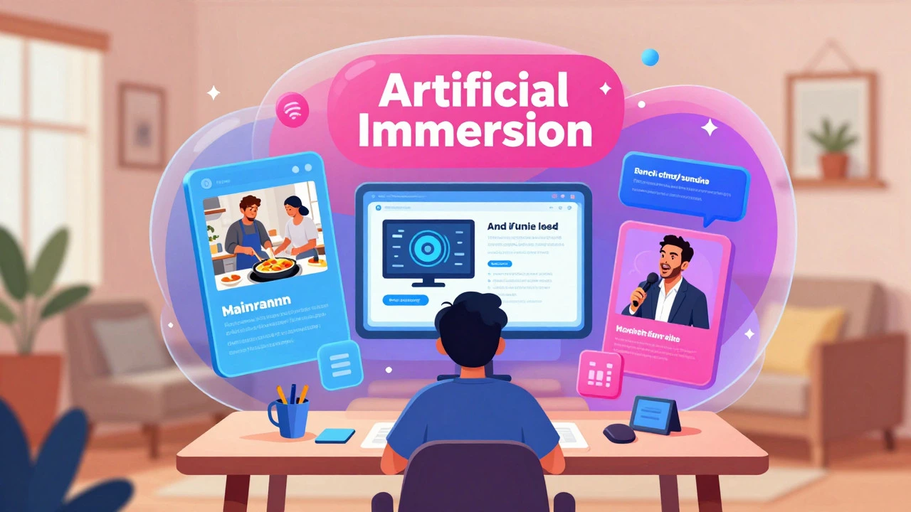 Person surrounded by floating screens showing English media for immersion