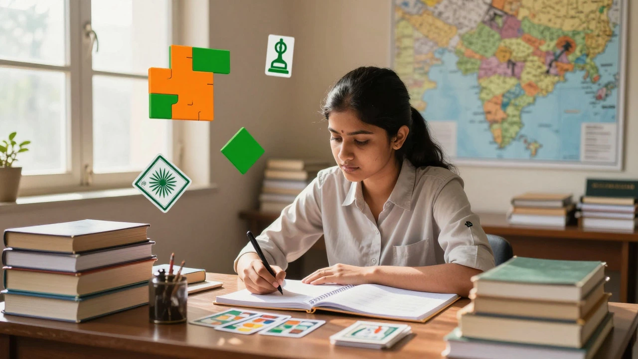 Student studying for civil service exams with books and flashcards