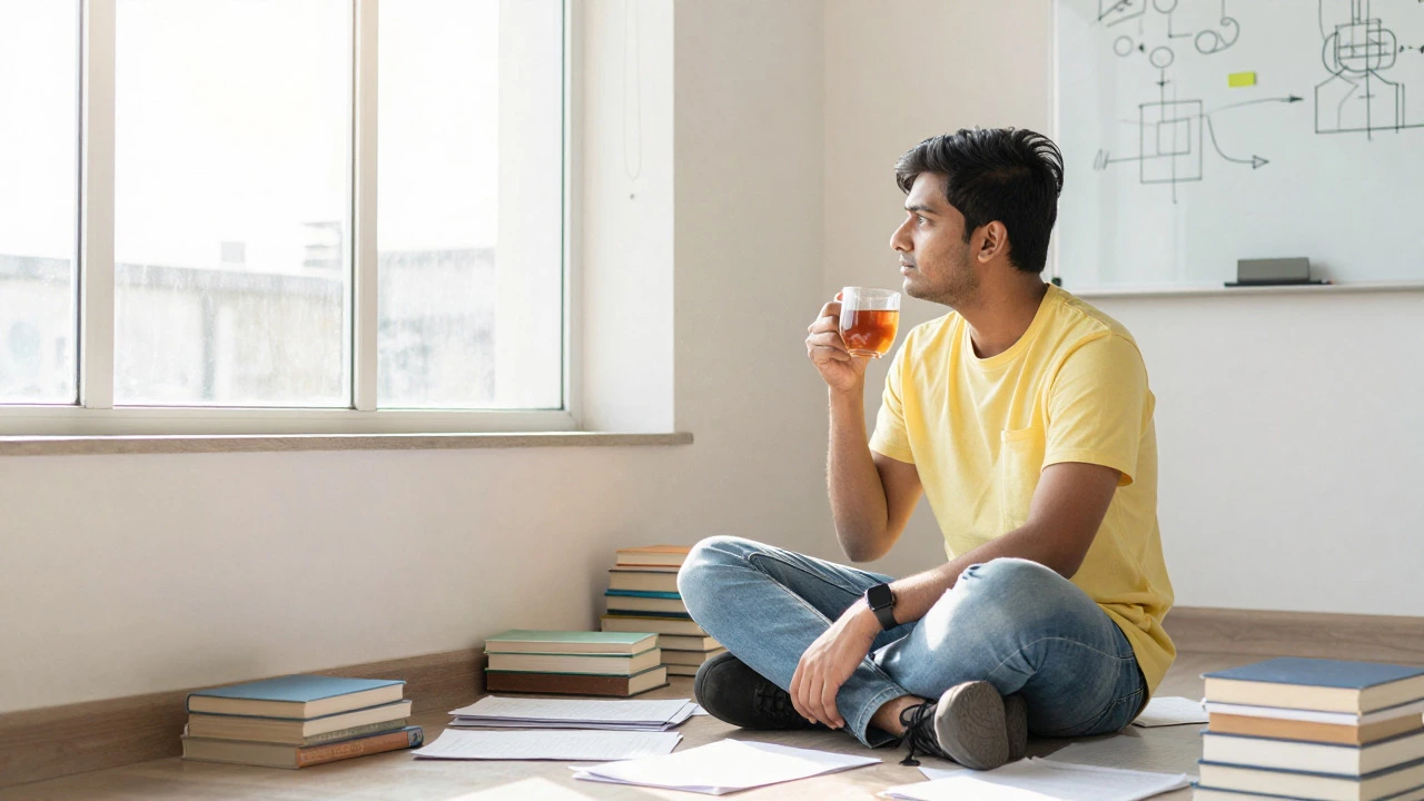 Student taking a tea break by a sunny window surrounded by books