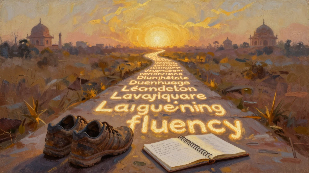 Symbolic path of words leading to fluency with notebook and shoes