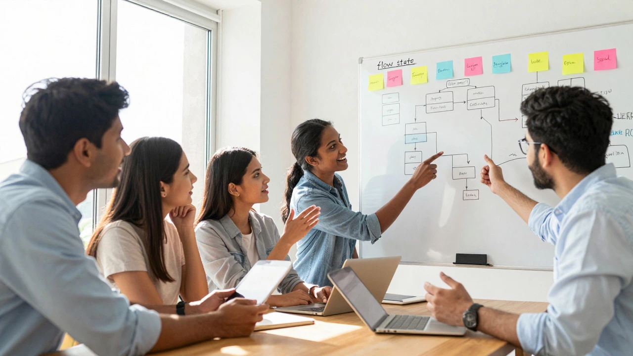 Team collaborating on a whiteboard in a bright office