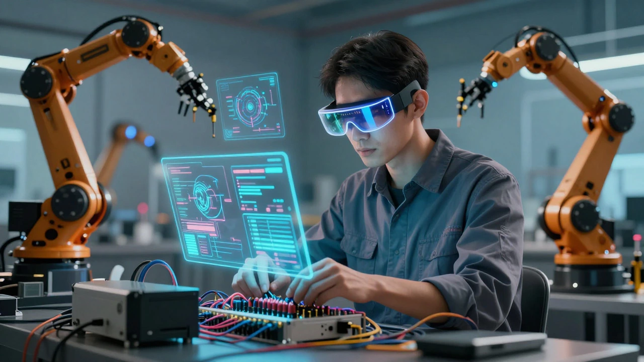 Technician using AR glasses to work on smart systems alongside robotic assistance