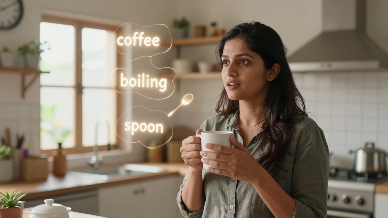Woman narrating daily tasks in English in a sunlit kitchen