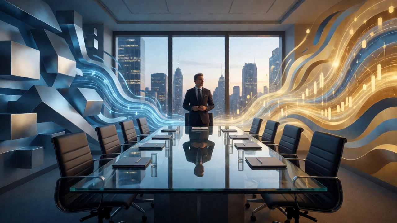 Abstract visualization of engineering and business concepts merging in a boardroom
