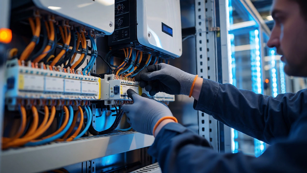 Close-up of electrician wiring smart home system