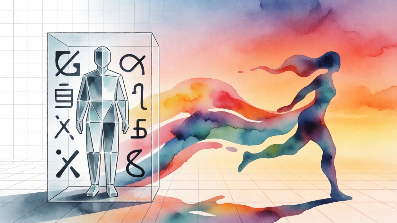 Conceptual art contrasting rigid perfectionism with fluid, confident communication styles.