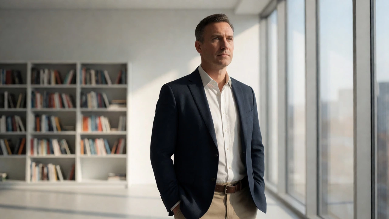 Confident executive standing in a modern office with bookshelves