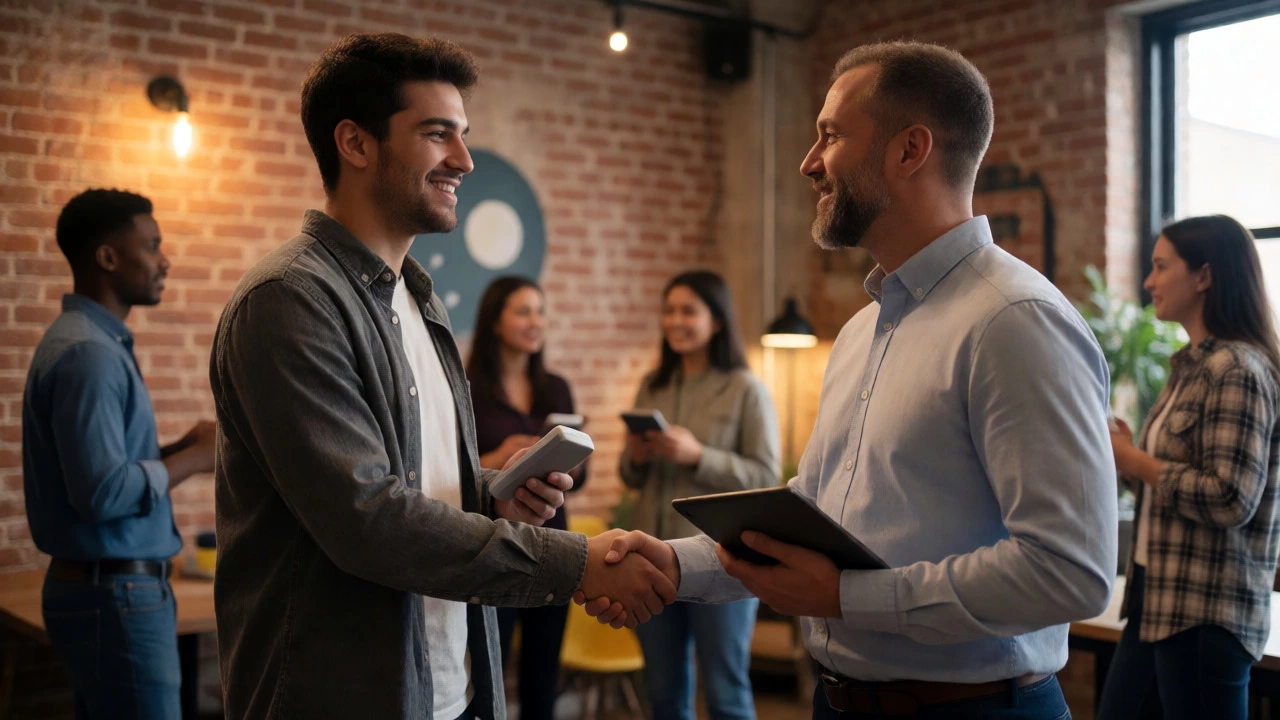 Developer shaking hands with a client at a local networking meetup.