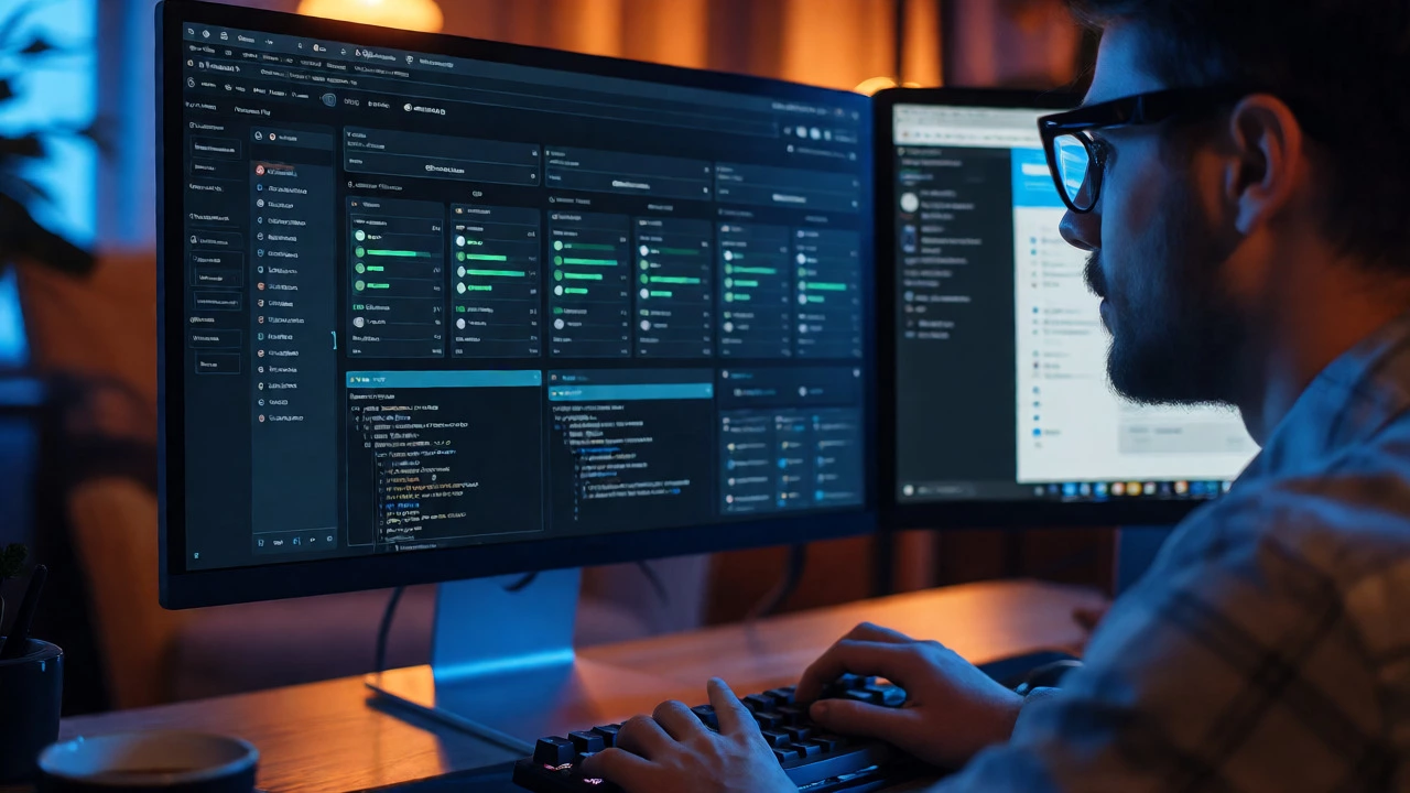 Developer working on interactive Google Cloud labs with server dashboards on dual monitors