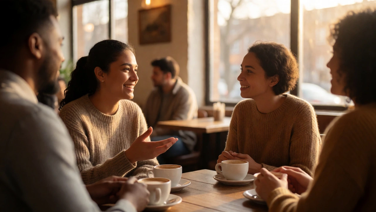 Diverse group having a relaxed, supportive English conversation in a sunny cafe.