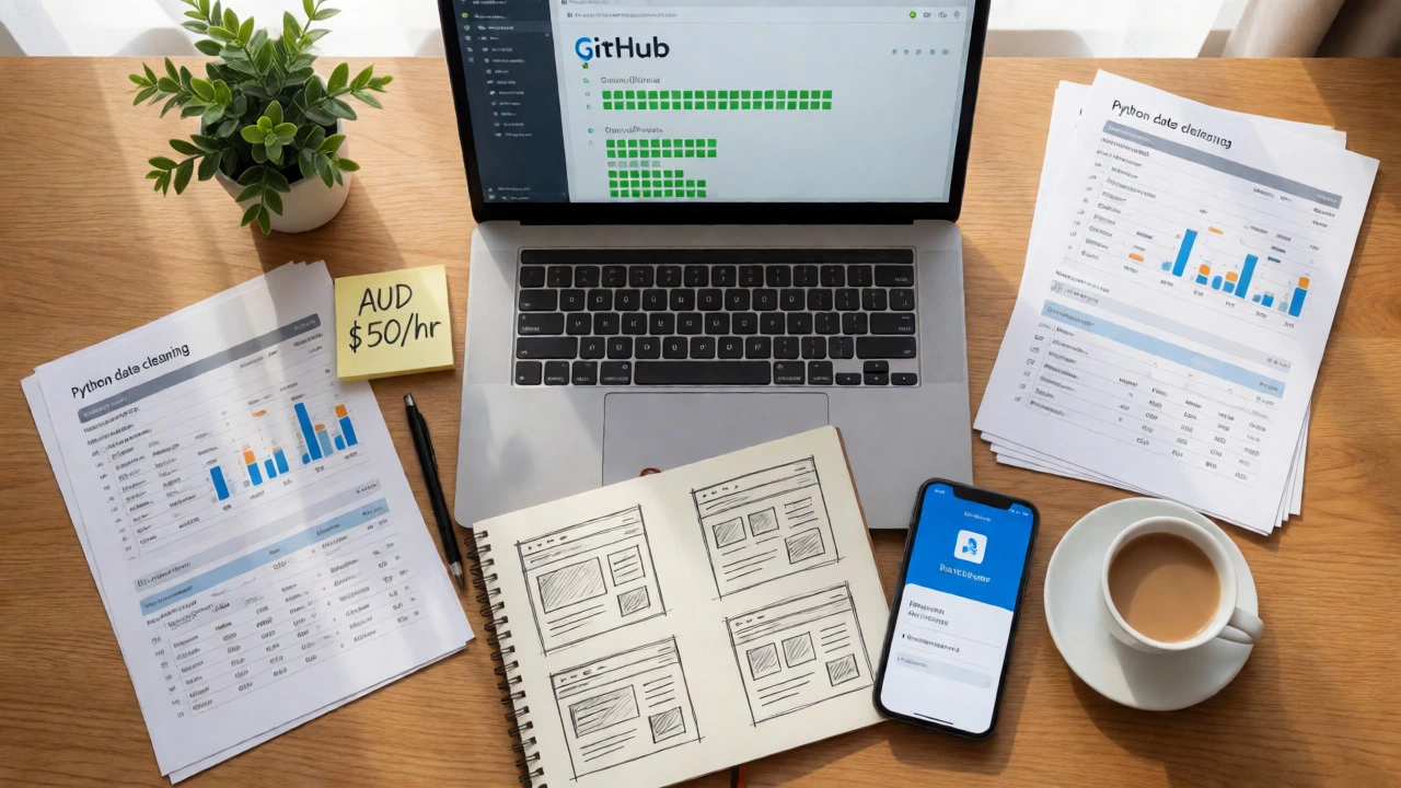 Flat lay of coding tools, laptop, and payment notifications on a desk.
