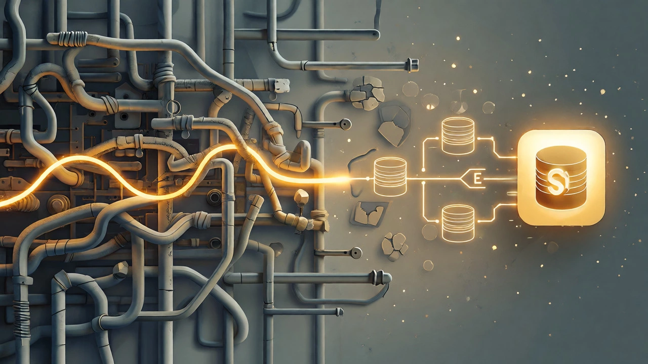 Golden thread weaving through chaotic wires into structured code