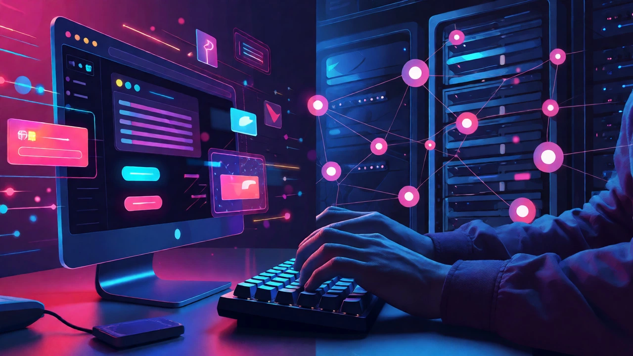 JavaScript developer coding with front-end and server visuals