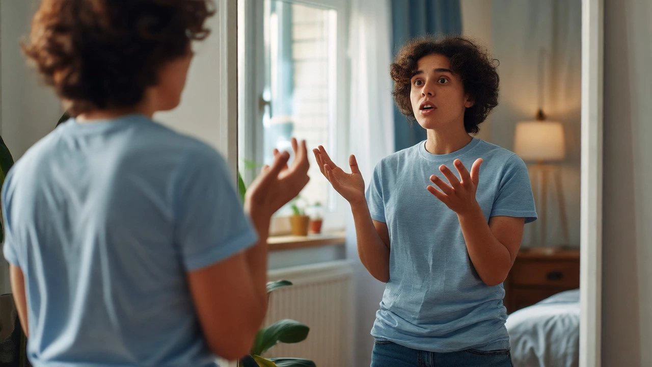 Person practicing speaking English in front of a mirror using shadowing techniques