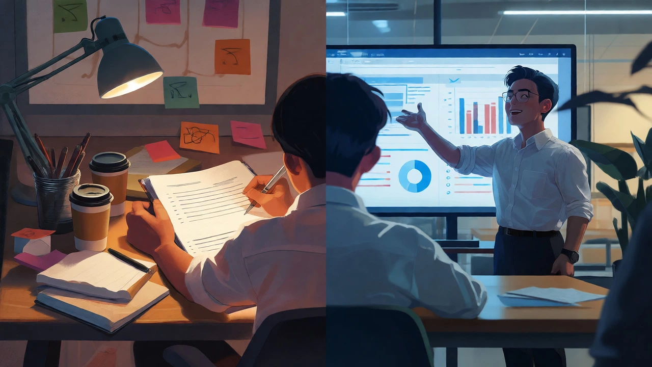 Split view of self-study at home and working professionally