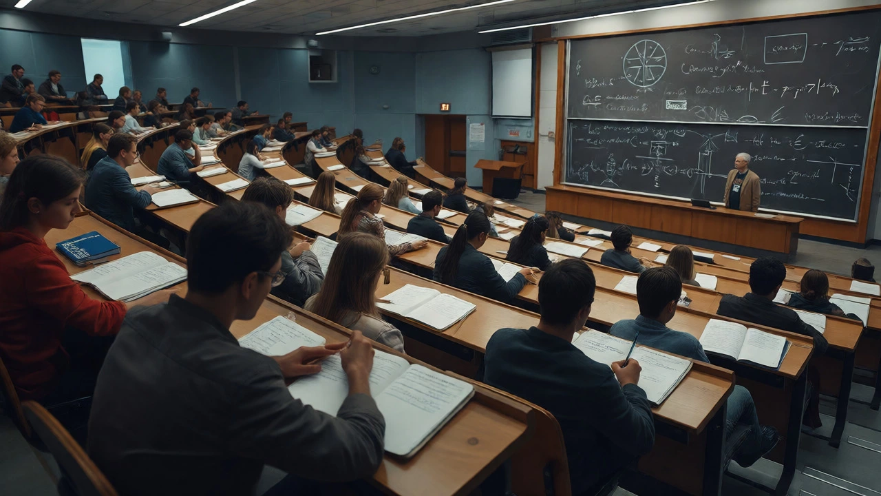 University CS lecture hall with students studying theory