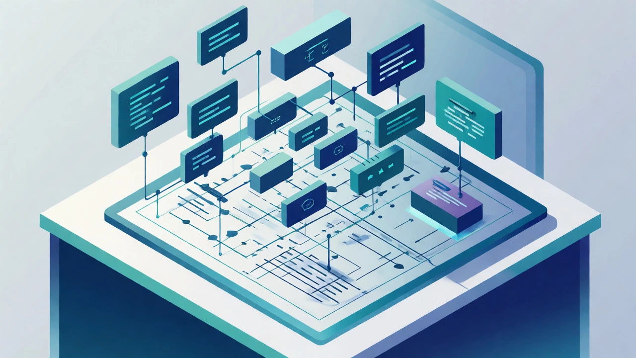 Abstract 3D illustration of code design and modular implementation