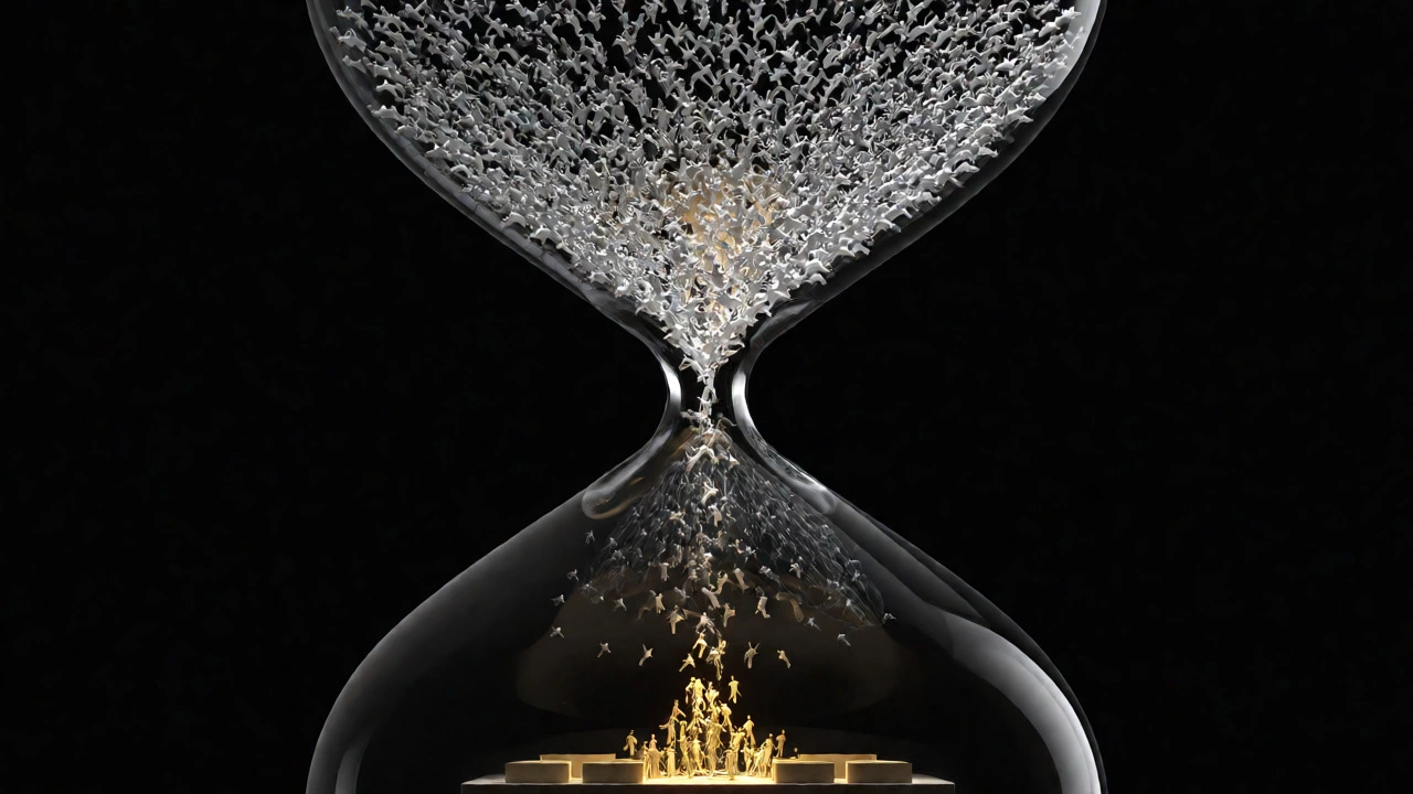 An abstract hourglass visualizes the competitive filtering process of IIT admissions.