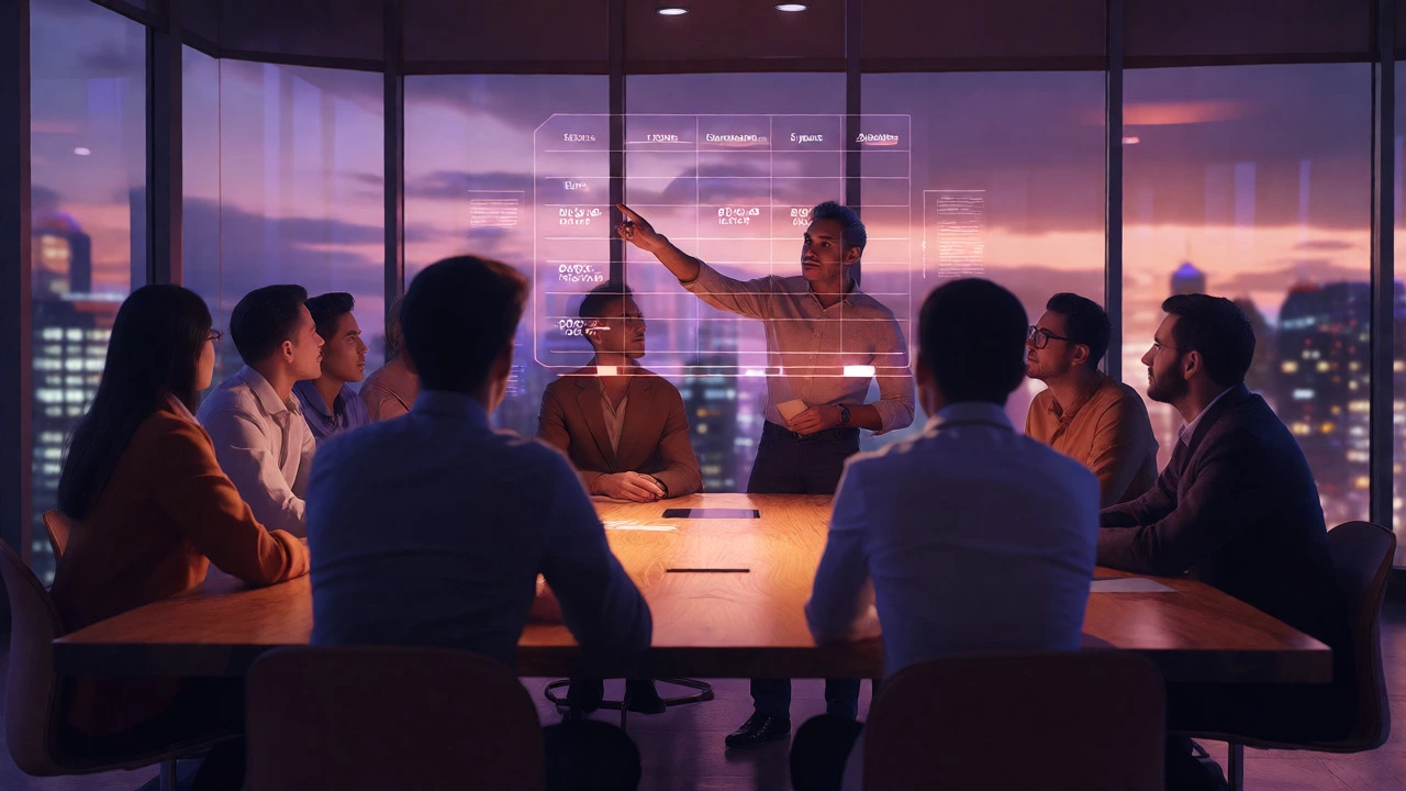 Business professionals discussing timelines in a boardroom, representing executive and flexible MBA options.