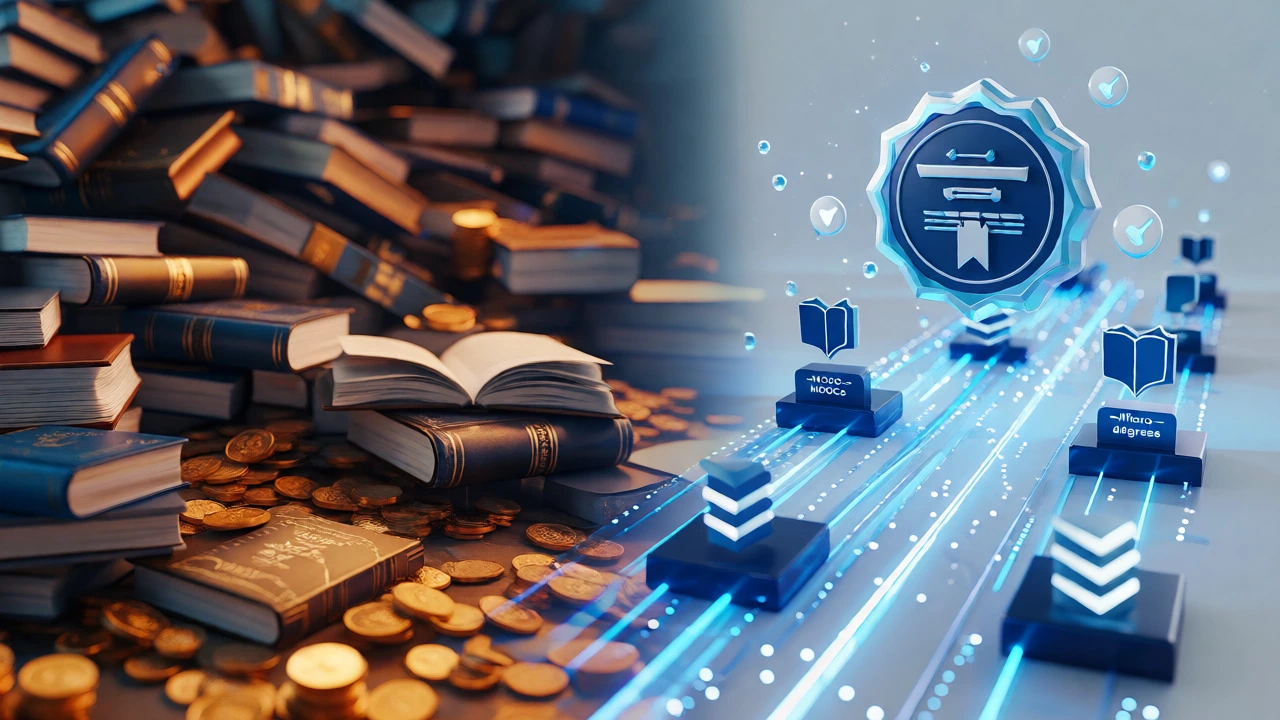 Conceptual comparison of expensive traditional education vs affordable online pathways