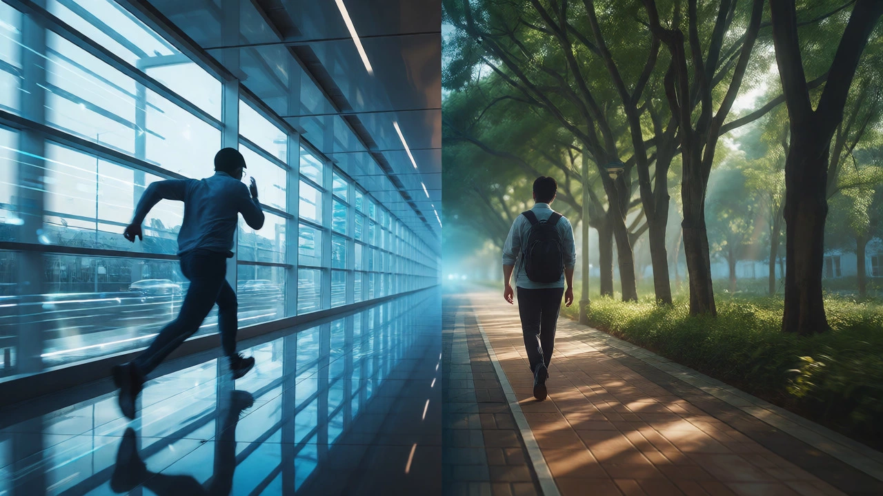Conceptual split image contrasting fast-paced accelerated MBA studies with slower part-time routes.