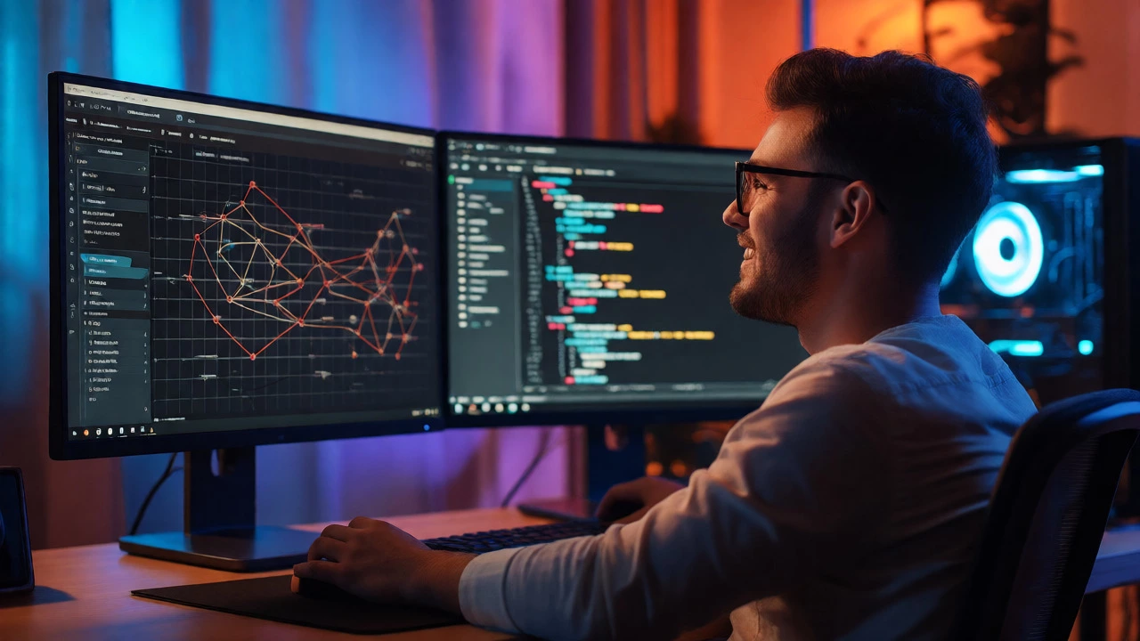 Developer debugging code with dual monitors in ambient lighting