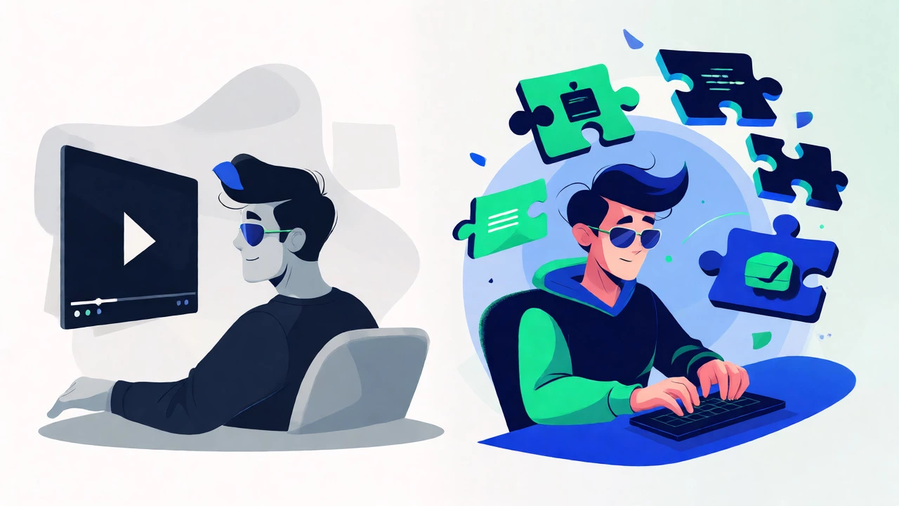 Illustration comparing passive tutorial watching with active coding