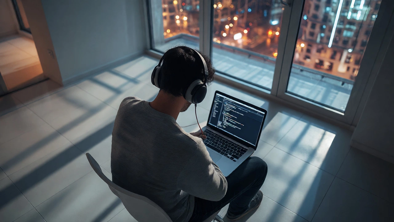 Isolated developer hunched over laptop with headphones, showing poor posture in a quiet apartment.