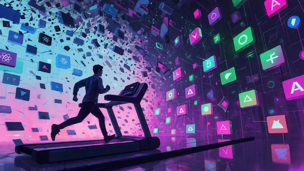 Person running on a fast treadmill amidst a chaotic swirl of dissolving tech icons and new frameworks.