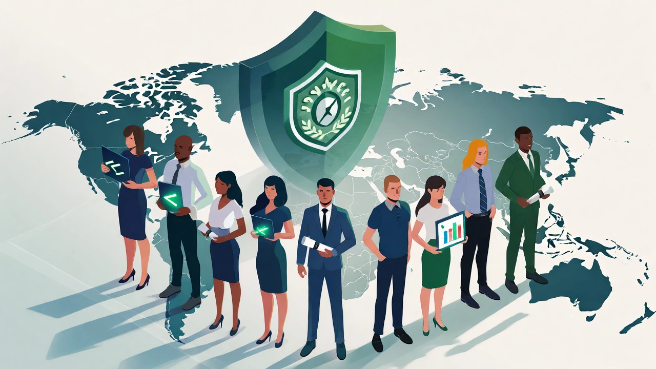 Professionals with skill icons protected by an accreditation shield over a world map