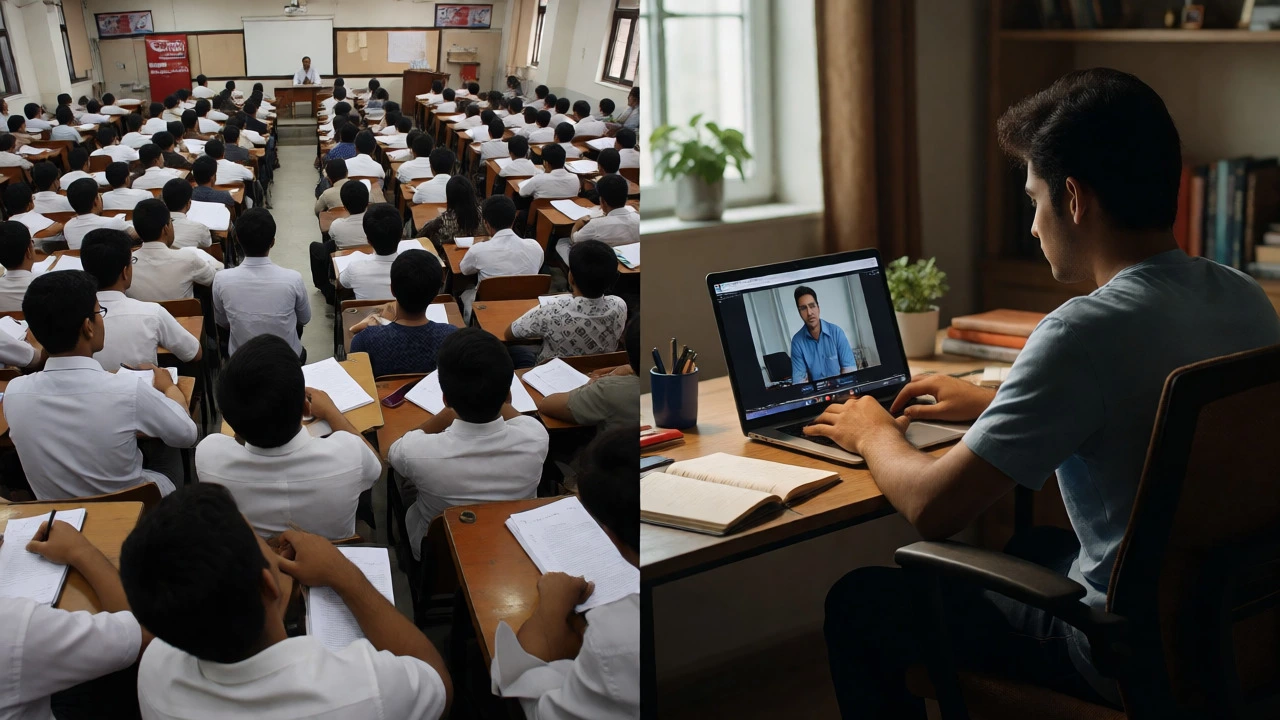Split view comparing a traditional offline coaching class with a modern online home study setup for medical aspirants.