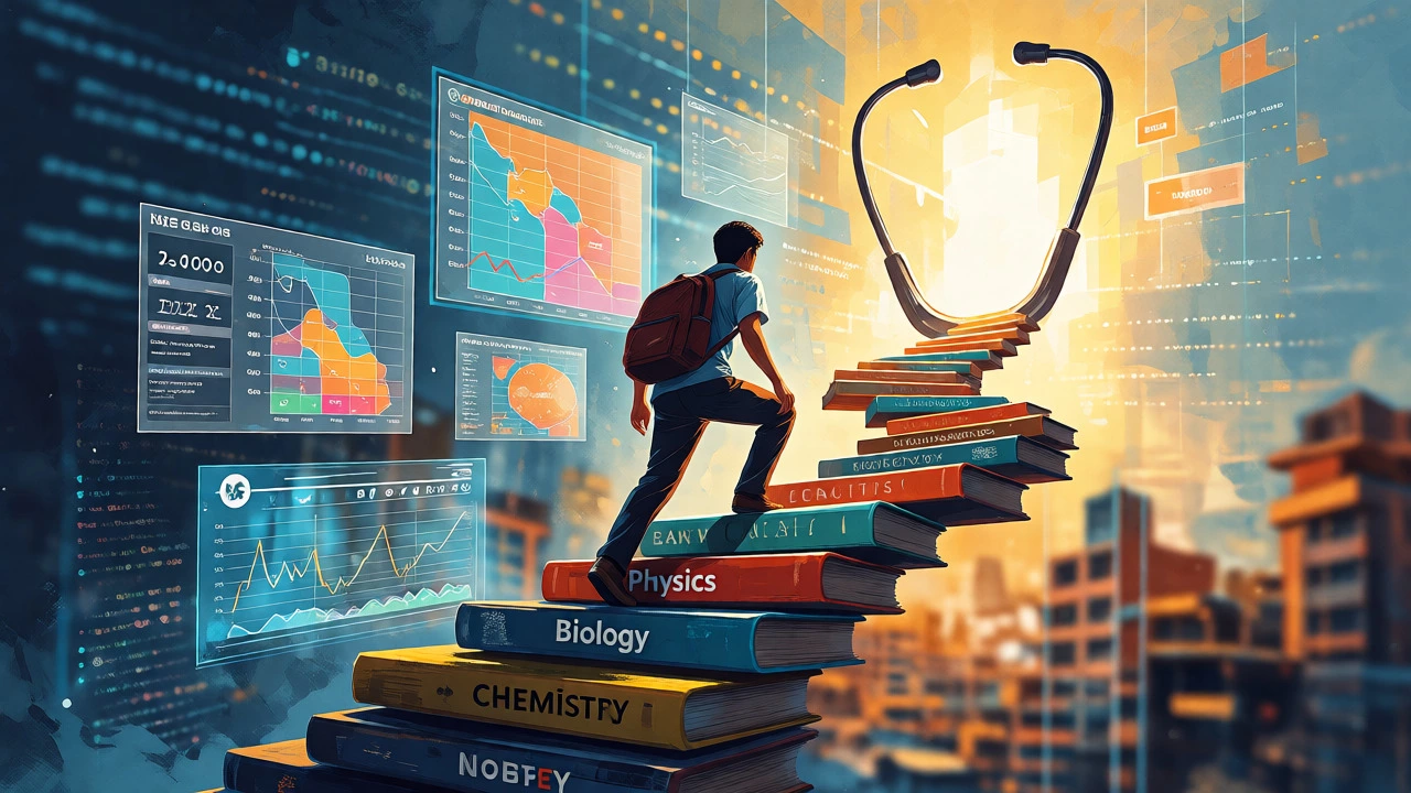 Student climbing a staircase of textbooks toward a stethoscope archway, surrounded by digital exam analytics.