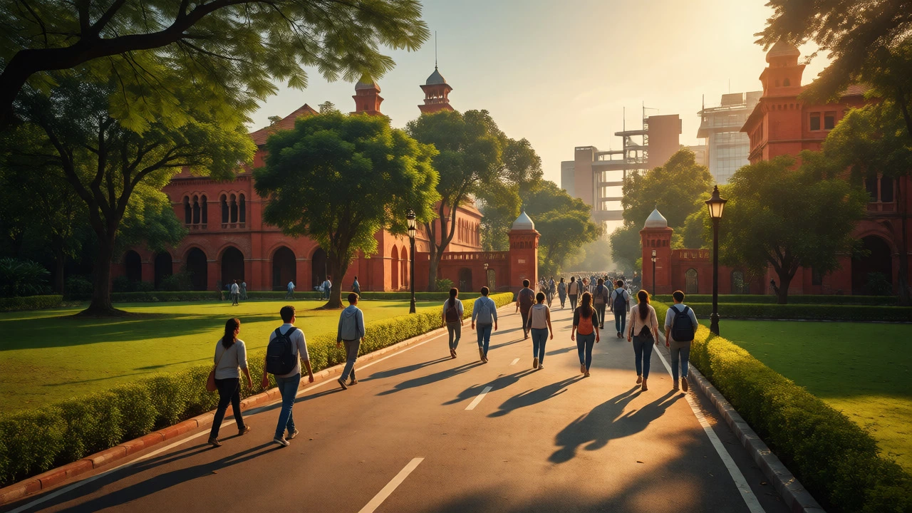 Students walk confidently through a sunlit, historic IIT campus courtyard.